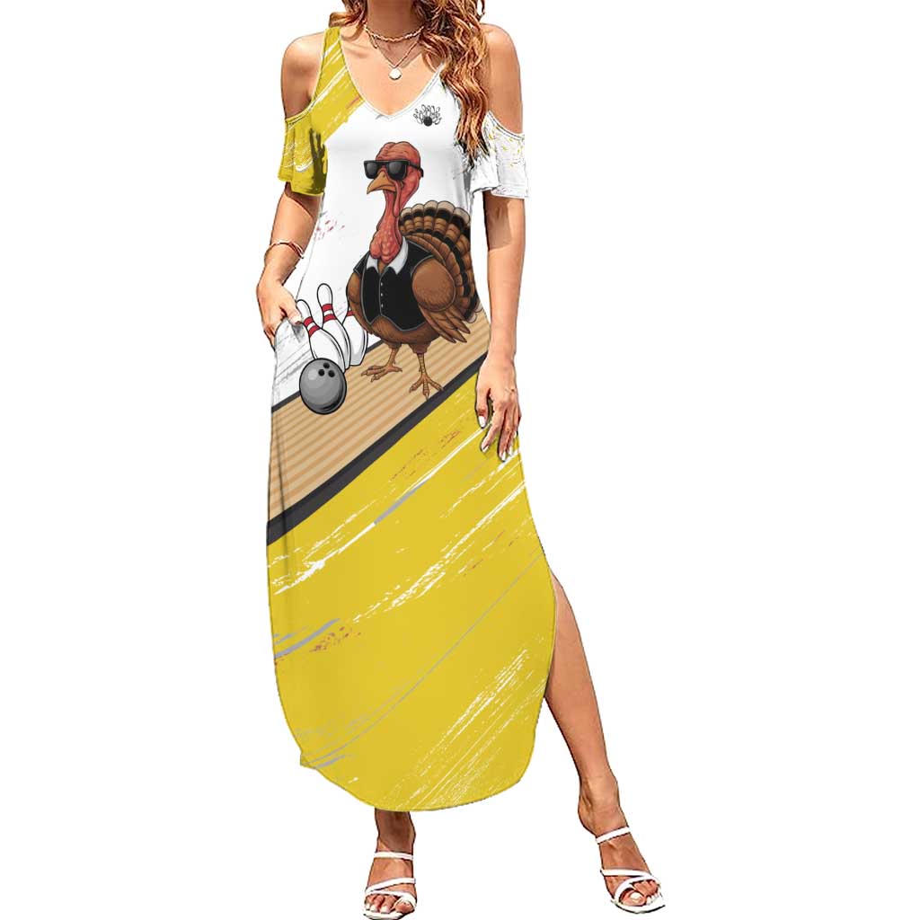 Personalized Funny Turkey Bowling Family Matching Summer Maxi Dress and Hawaiian Shirt with Cool Sunglasses Pins Yellow and White - Wonder Print Shop