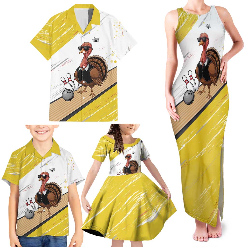 Personalized Funny Turkey Bowling Family Matching Tank Maxi Dress and Hawaiian Shirt with Cool Sunglasses Pins Yellow and White - Wonder Print Shop