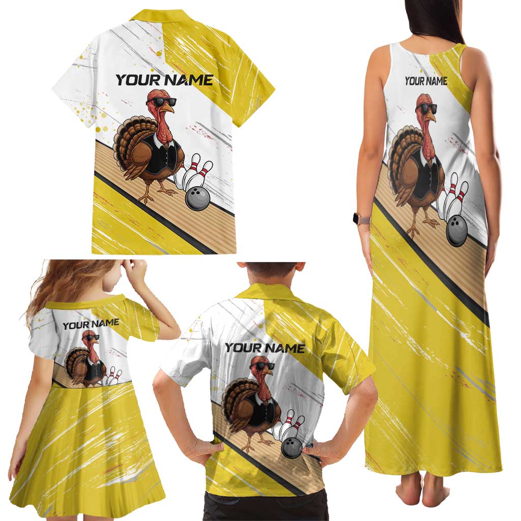 Personalized Funny Turkey Bowling Family Matching Tank Maxi Dress and Hawaiian Shirt with Cool Sunglasses Pins Yellow and White - Wonder Print Shop