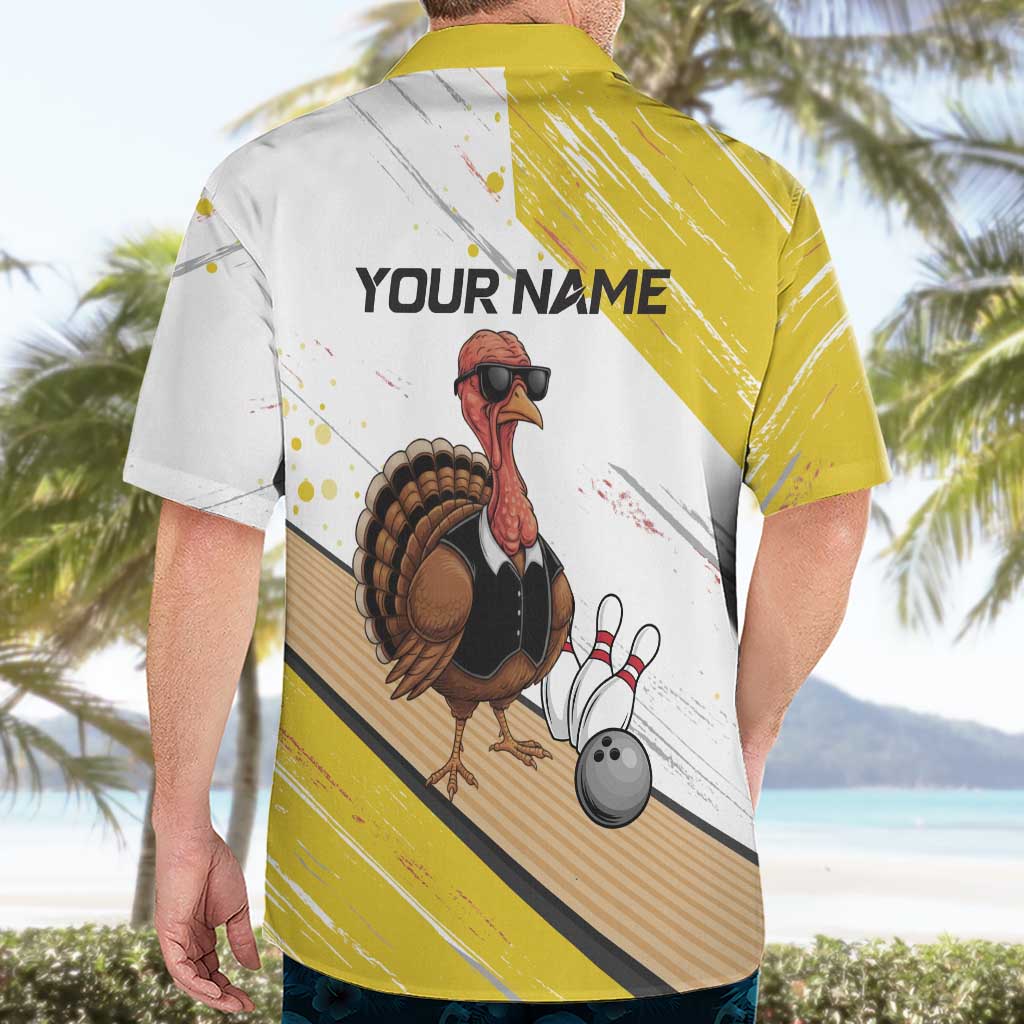 Personalized Funny Turkey Bowling Hawaiian Shirt with Cool Sunglasses Pins Yellow and White - Wonder Print Shop