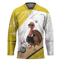 Personalized Funny Turkey Bowling Hockey Jersey with Cool Sunglasses Pins Yellow and White - Wonder Print Shop