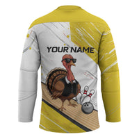 Personalized Funny Turkey Bowling Hockey Jersey with Cool Sunglasses Pins Yellow and White - Wonder Print Shop