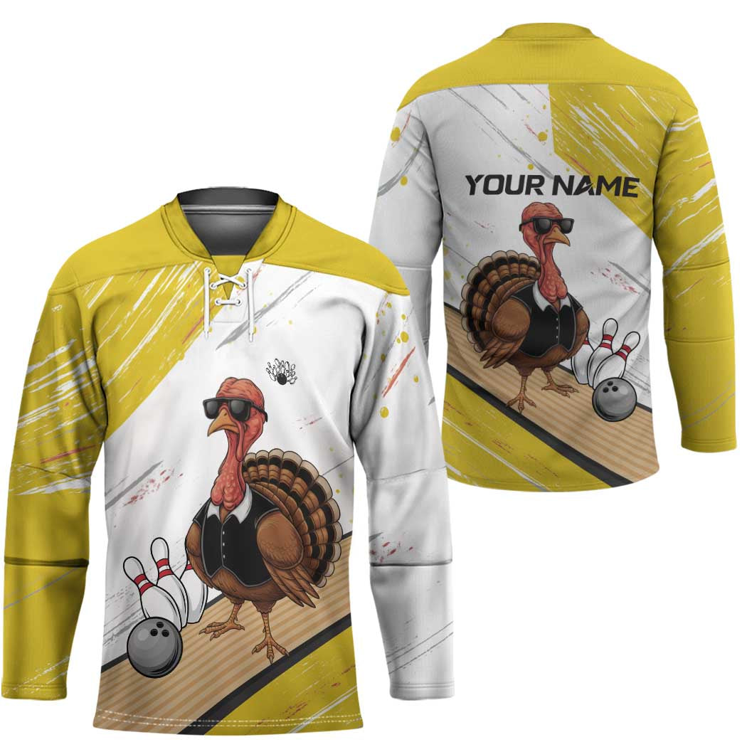 Personalized Funny Turkey Bowling Hockey Jersey with Cool Sunglasses Pins Yellow and White - Wonder Print Shop