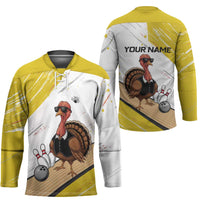 Personalized Funny Turkey Bowling Hockey Jersey with Cool Sunglasses Pins Yellow and White - Wonder Print Shop