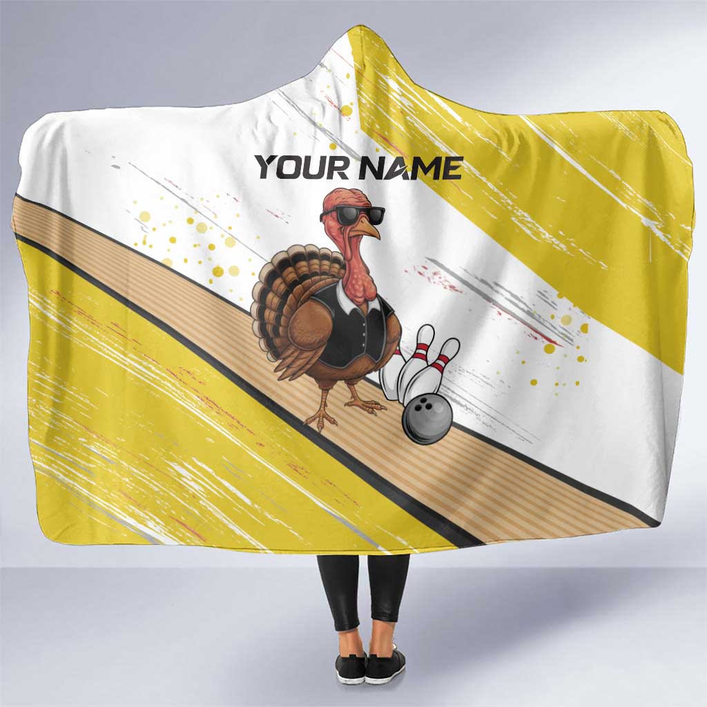 Personalized Funny Turkey Bowling Hooded Blanket with Cool Sunglasses Pins Yellow and White - Wonder Print Shop