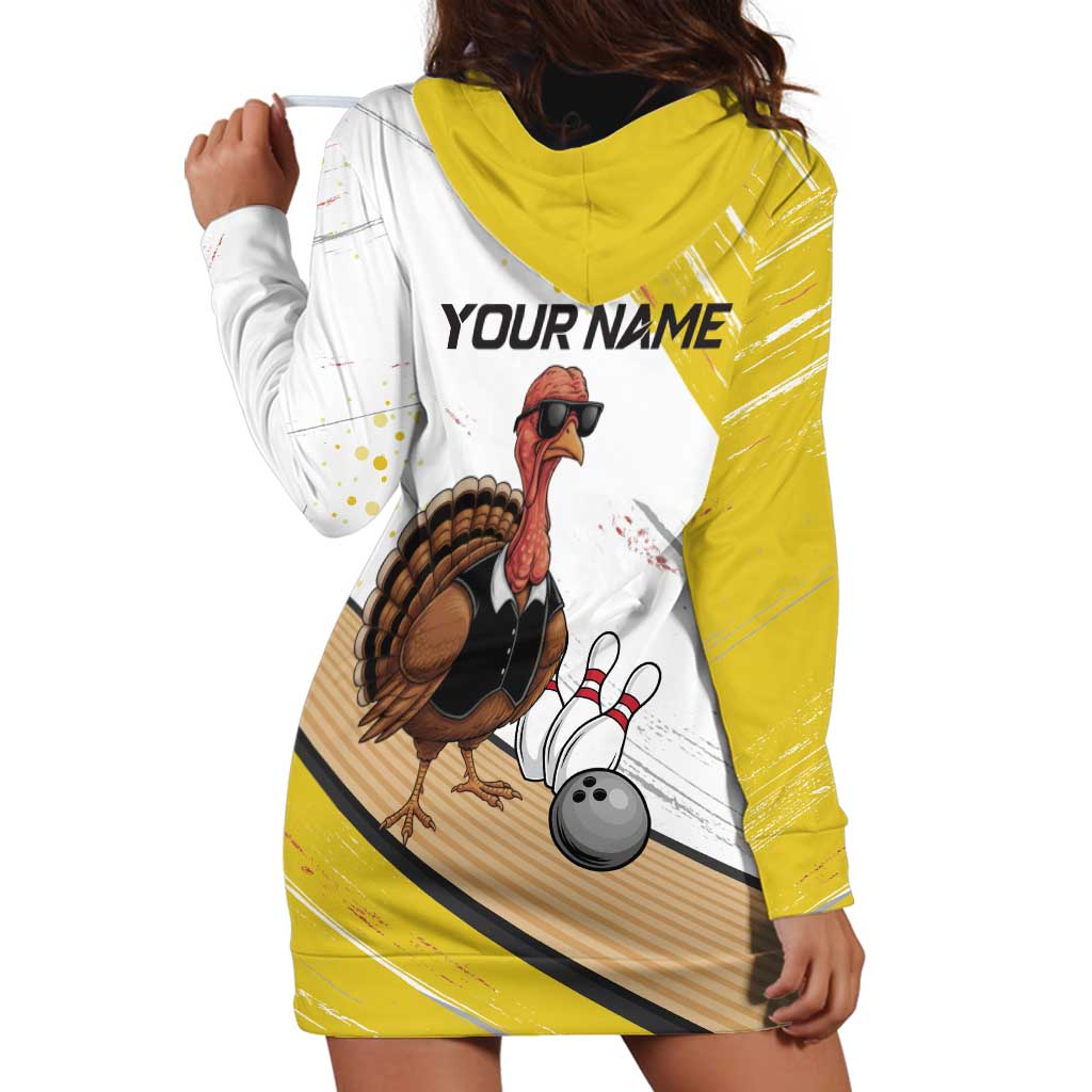 Personalized Funny Turkey Bowling Hoodie Dress with Cool Sunglasses Pins Yellow and White - Wonder Print Shop