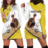 Personalized Funny Turkey Bowling Hoodie Dress with Cool Sunglasses Pins Yellow and White - Wonder Print Shop