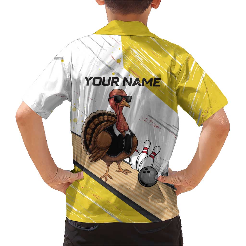 Personalized Funny Turkey Bowling Kid Hawaiian Shirt with Cool Sunglasses Pins Yellow and White - Wonder Print Shop