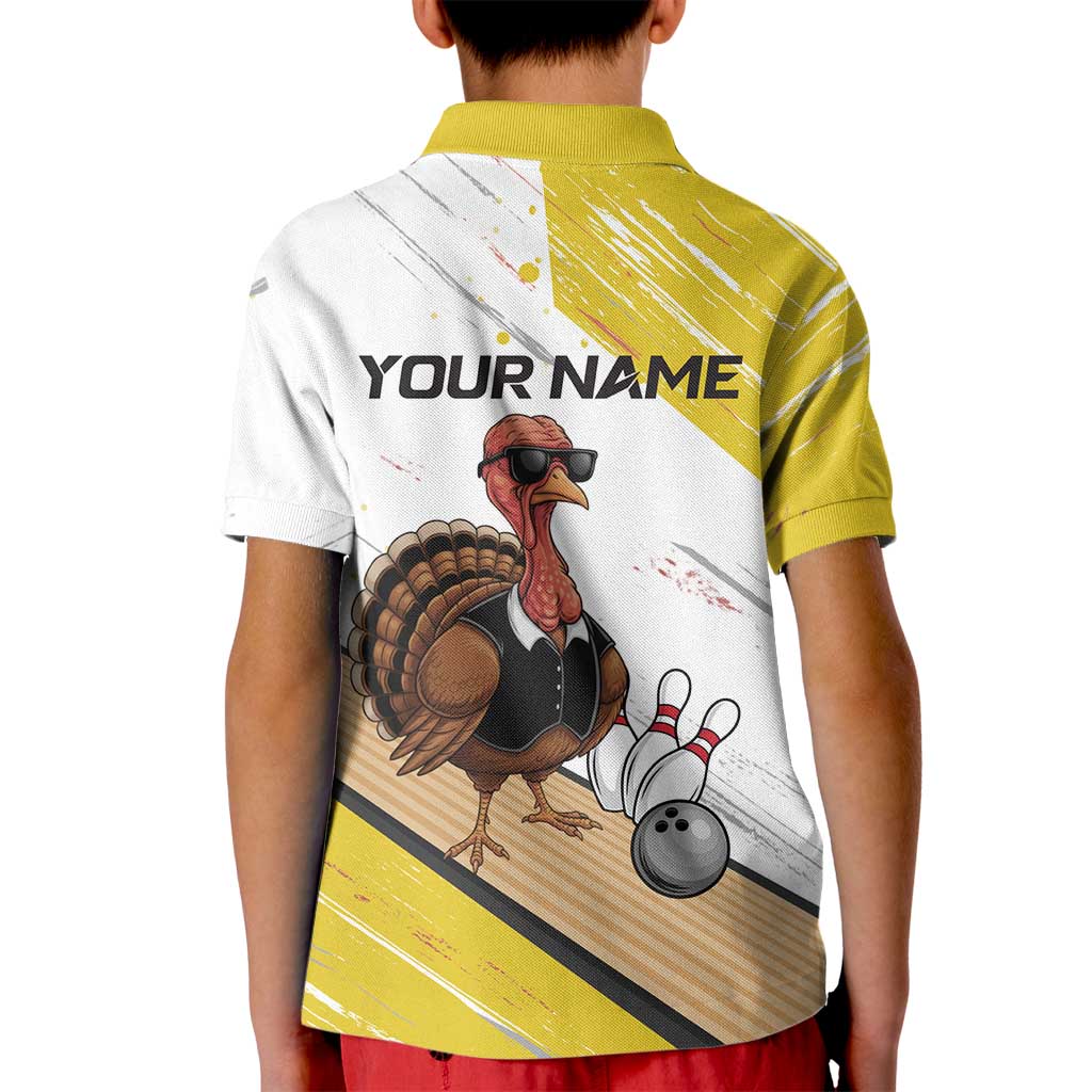 Personalized Funny Turkey Bowling Kid Polo Shirt with Cool Sunglasses Pins Yellow and White - Wonder Print Shop