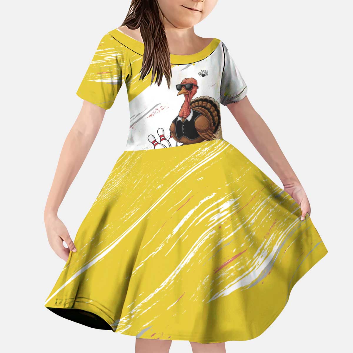 Personalized Funny Turkey Bowling Kid Short Sleeve Dress with Cool Sunglasses Pins Yellow and White - Wonder Print Shop