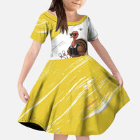 Personalized Funny Turkey Bowling Kid Short Sleeve Dress with Cool Sunglasses Pins Yellow and White - Wonder Print Shop