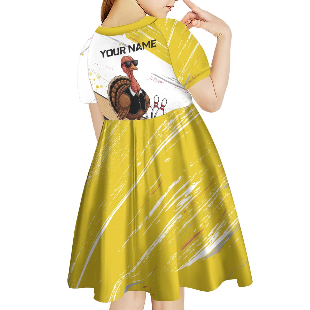 Personalized Funny Turkey Bowling Kid Short Sleeve Dress with Cool Sunglasses Pins Yellow and White - Wonder Print Shop