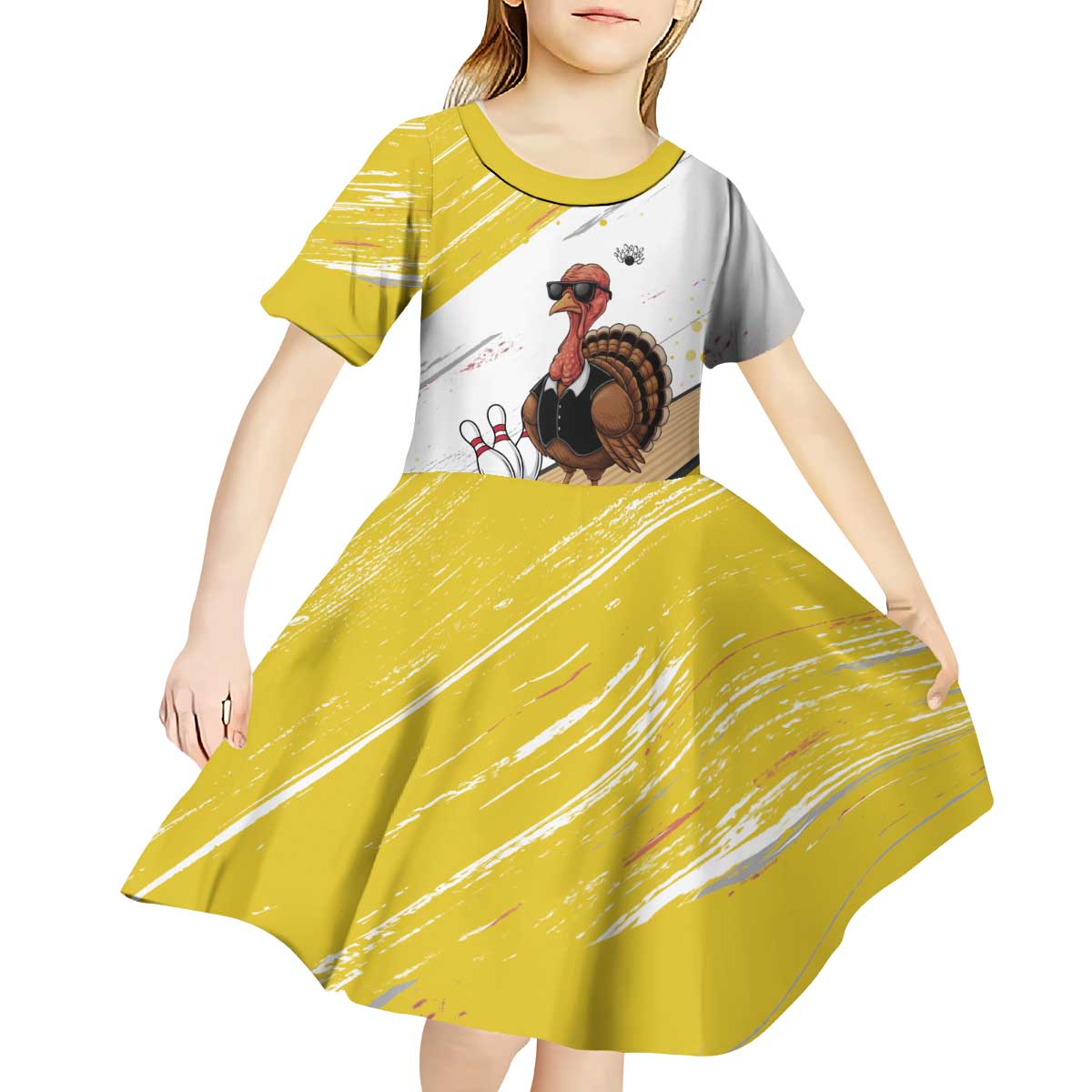 Personalized Funny Turkey Bowling Kid Short Sleeve Dress with Cool Sunglasses Pins Yellow and White - Wonder Print Shop