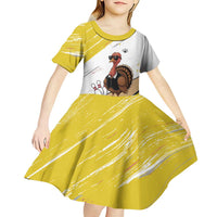 Personalized Funny Turkey Bowling Kid Short Sleeve Dress with Cool Sunglasses Pins Yellow and White - Wonder Print Shop