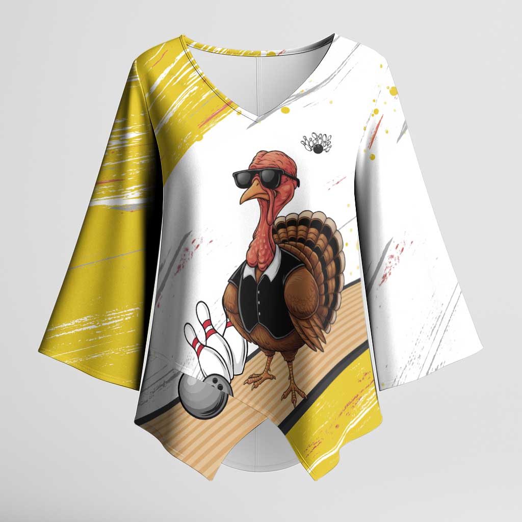 Personalized Funny Turkey Bowling Kimono Sleeve Blouse with Cool Sunglasses Pins Yellow and White - Wonder Print Shop
