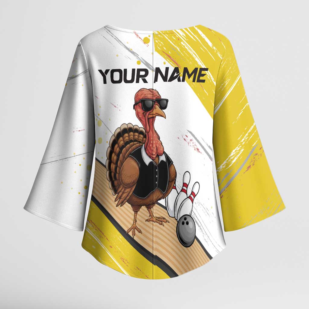 Personalized Funny Turkey Bowling Kimono Sleeve Blouse with Cool Sunglasses Pins Yellow and White - Wonder Print Shop