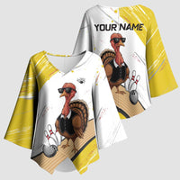 Personalized Funny Turkey Bowling Kimono Sleeve Blouse with Cool Sunglasses Pins Yellow and White - Wonder Print Shop