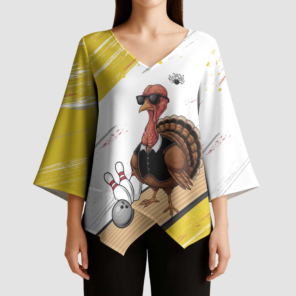Personalized Funny Turkey Bowling Kimono Sleeve Blouse with Cool Sunglasses Pins Yellow and White - Wonder Print Shop