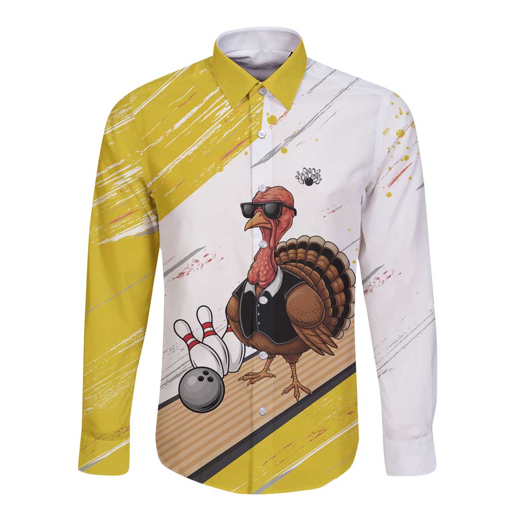 Personalized Funny Turkey Bowling Long Sleeve Button Shirt with Cool Sunglasses Pins Yellow and White - Wonder Print Shop