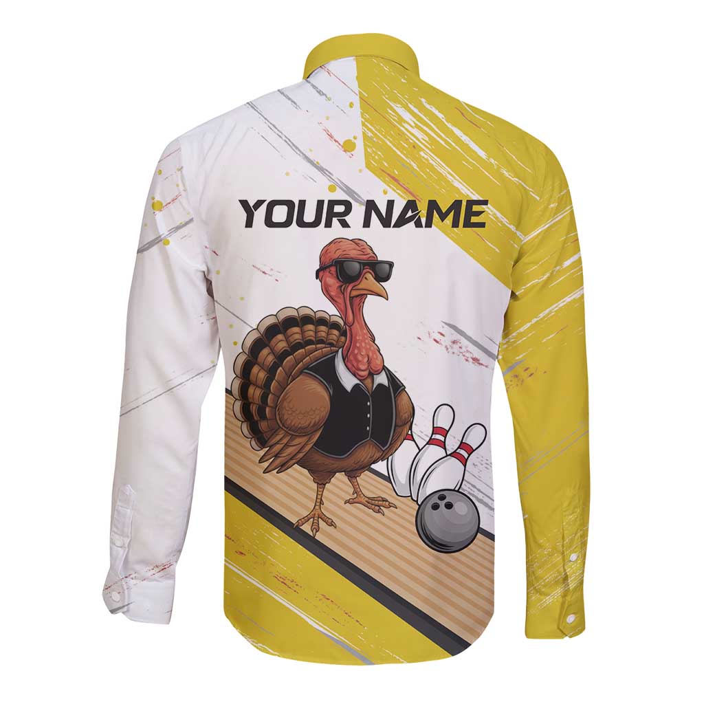 Personalized Funny Turkey Bowling Long Sleeve Button Shirt with Cool Sunglasses Pins Yellow and White - Wonder Print Shop
