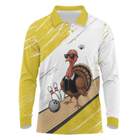 Personalized Funny Turkey Bowling Long Sleeve Polo Shirt with Cool Sunglasses Pins Yellow and White - Wonder Print Shop