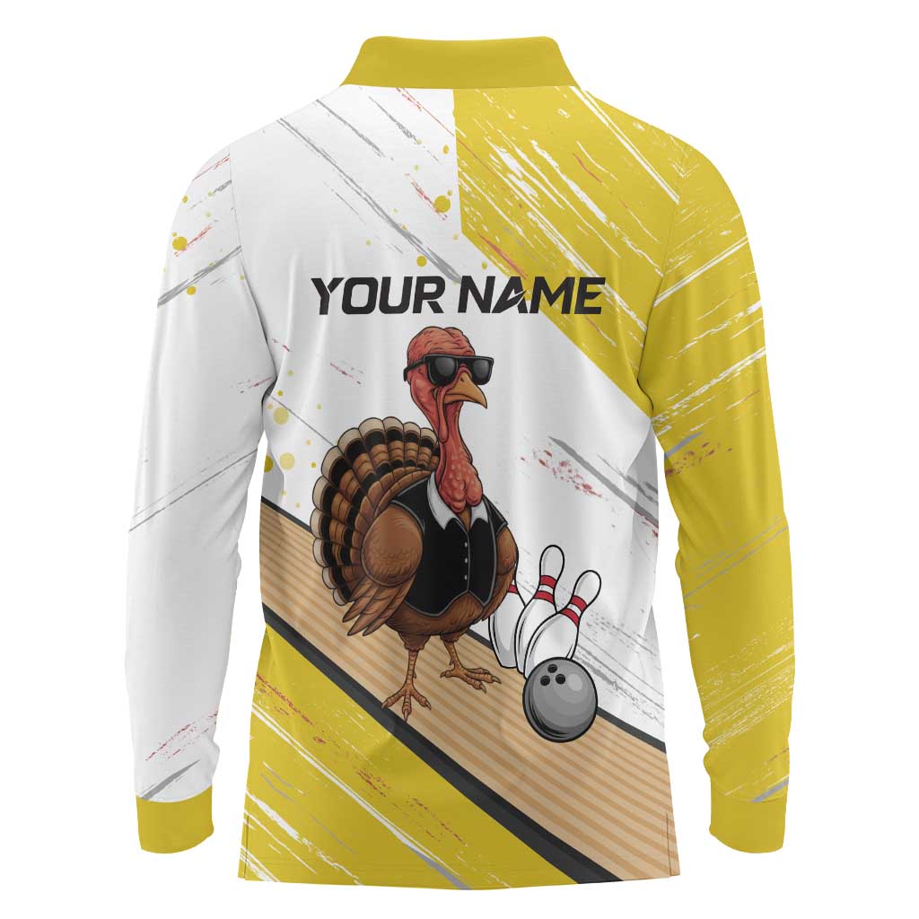 Personalized Funny Turkey Bowling Long Sleeve Polo Shirt with Cool Sunglasses Pins Yellow and White - Wonder Print Shop