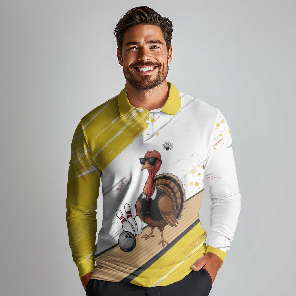 Personalized Funny Turkey Bowling Long Sleeve Polo Shirt with Cool Sunglasses Pins Yellow and White - Wonder Print Shop
