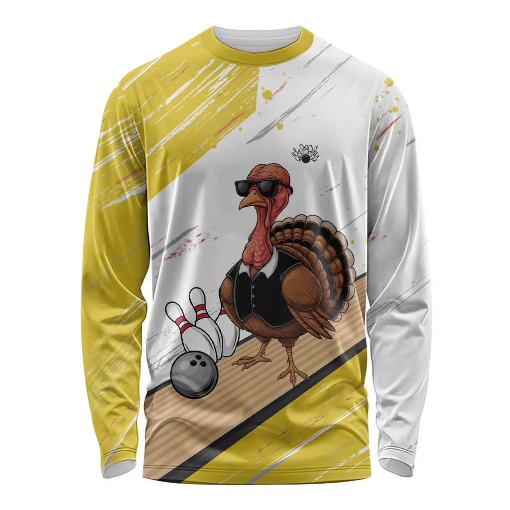 Personalized Funny Turkey Bowling Long Sleeve Shirt with Cool Sunglasses Pins Yellow and White - Wonder Print Shop
