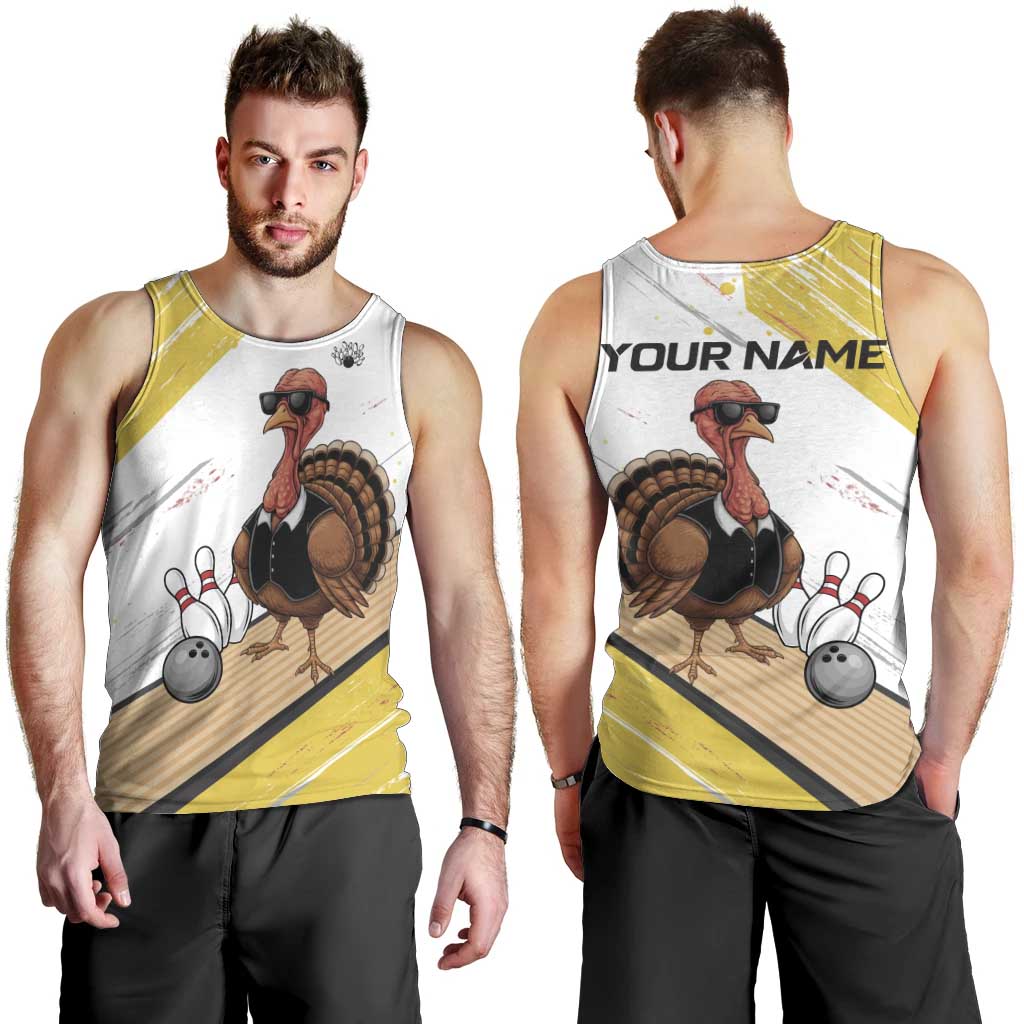 Personalized Funny Turkey Bowling Men Tank Top with Cool Sunglasses Pins Yellow and White - Wonder Print Shop