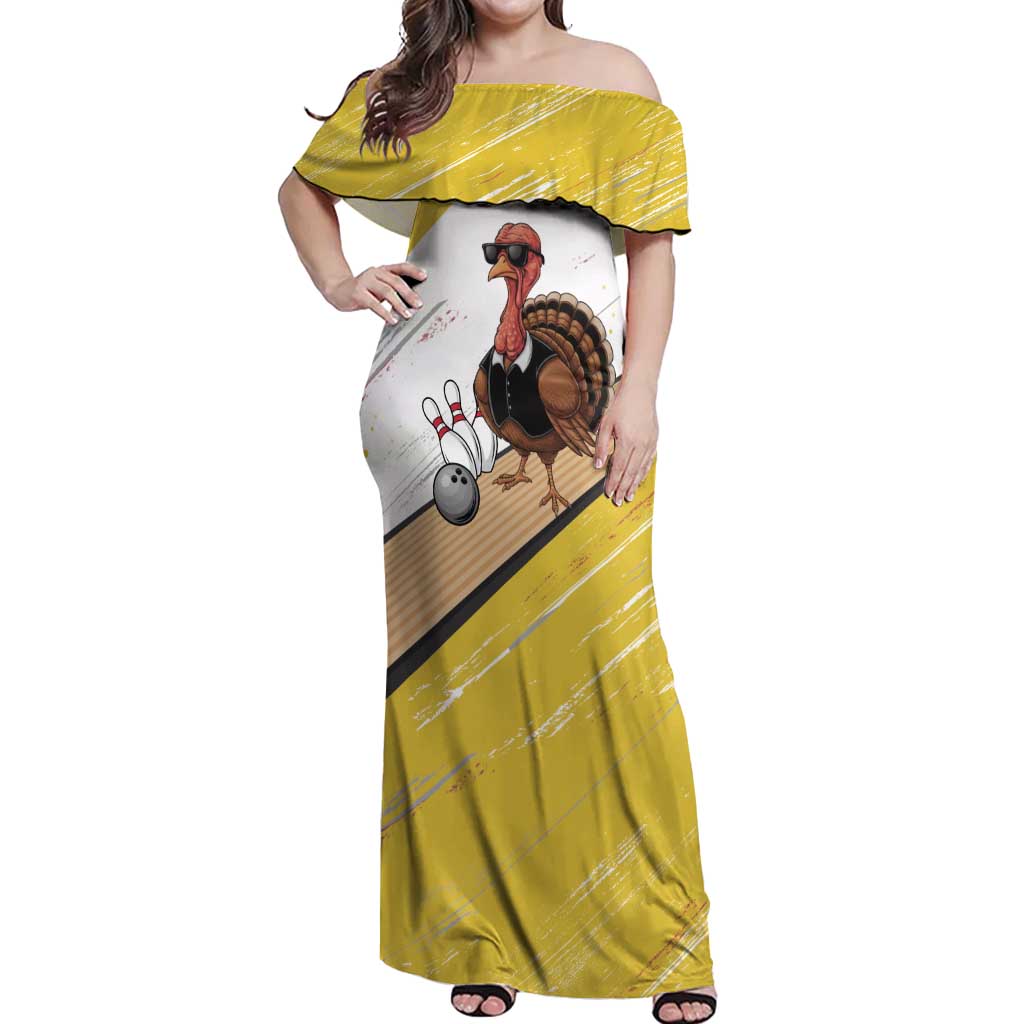 Personalized Funny Turkey Bowling Off Shoulder Maxi Dress with Cool Sunglasses Pins Yellow and White - Wonder Print Shop