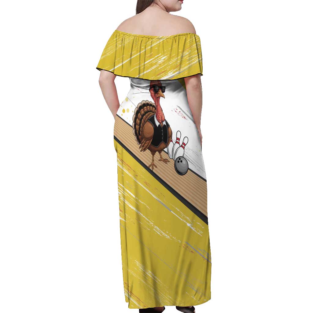 Personalized Funny Turkey Bowling Off Shoulder Maxi Dress with Cool Sunglasses Pins Yellow and White - Wonder Print Shop