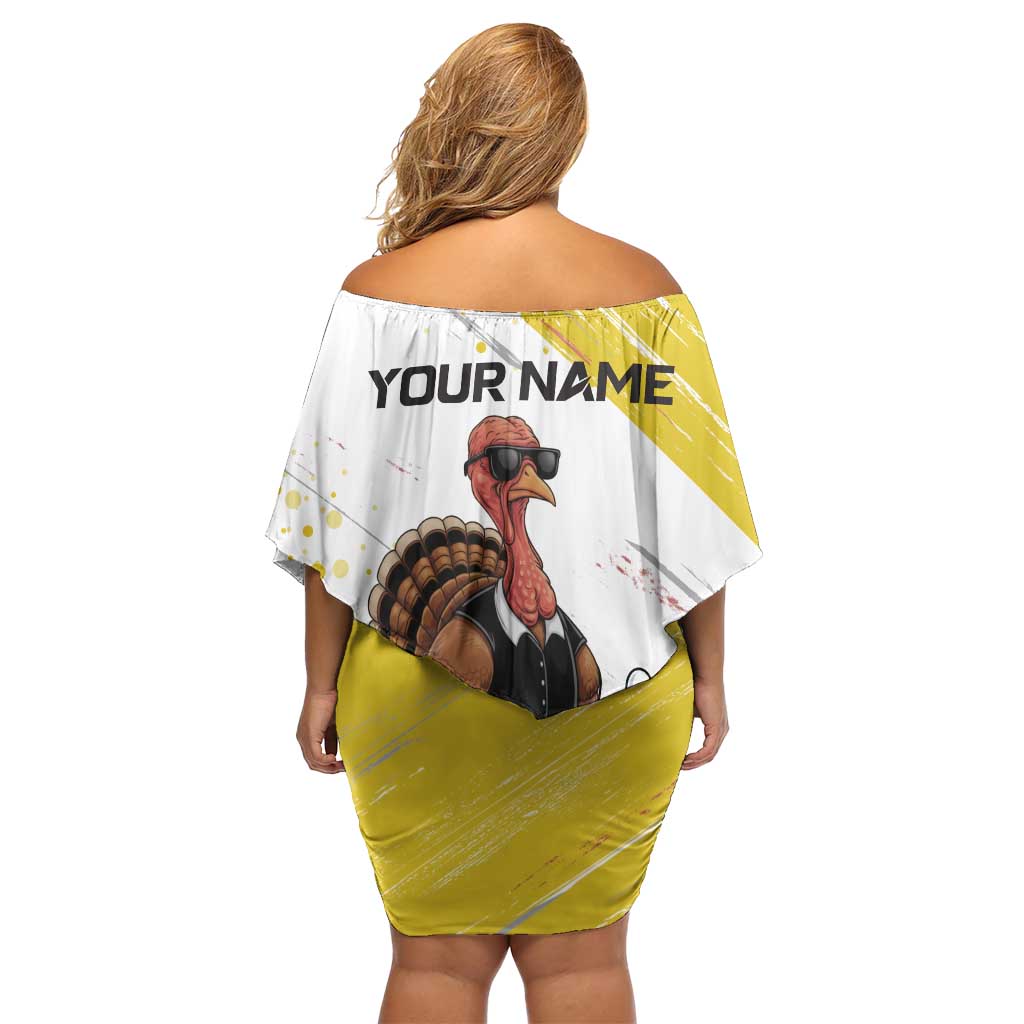 Personalized Funny Turkey Bowling Off Shoulder Short Dress with Cool Sunglasses Pins Yellow and White - Wonder Print Shop