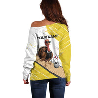 Personalized Funny Turkey Bowling Off Shoulder Sweater with Cool Sunglasses Pins Yellow and White - Wonder Print Shop
