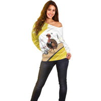 Personalized Funny Turkey Bowling Off Shoulder Sweater with Cool Sunglasses Pins Yellow and White - Wonder Print Shop