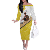 Personalized Funny Turkey Bowling Off The Shoulder Long Sleeve Dress with Cool Sunglasses Pins Yellow and White - Wonder Print Shop