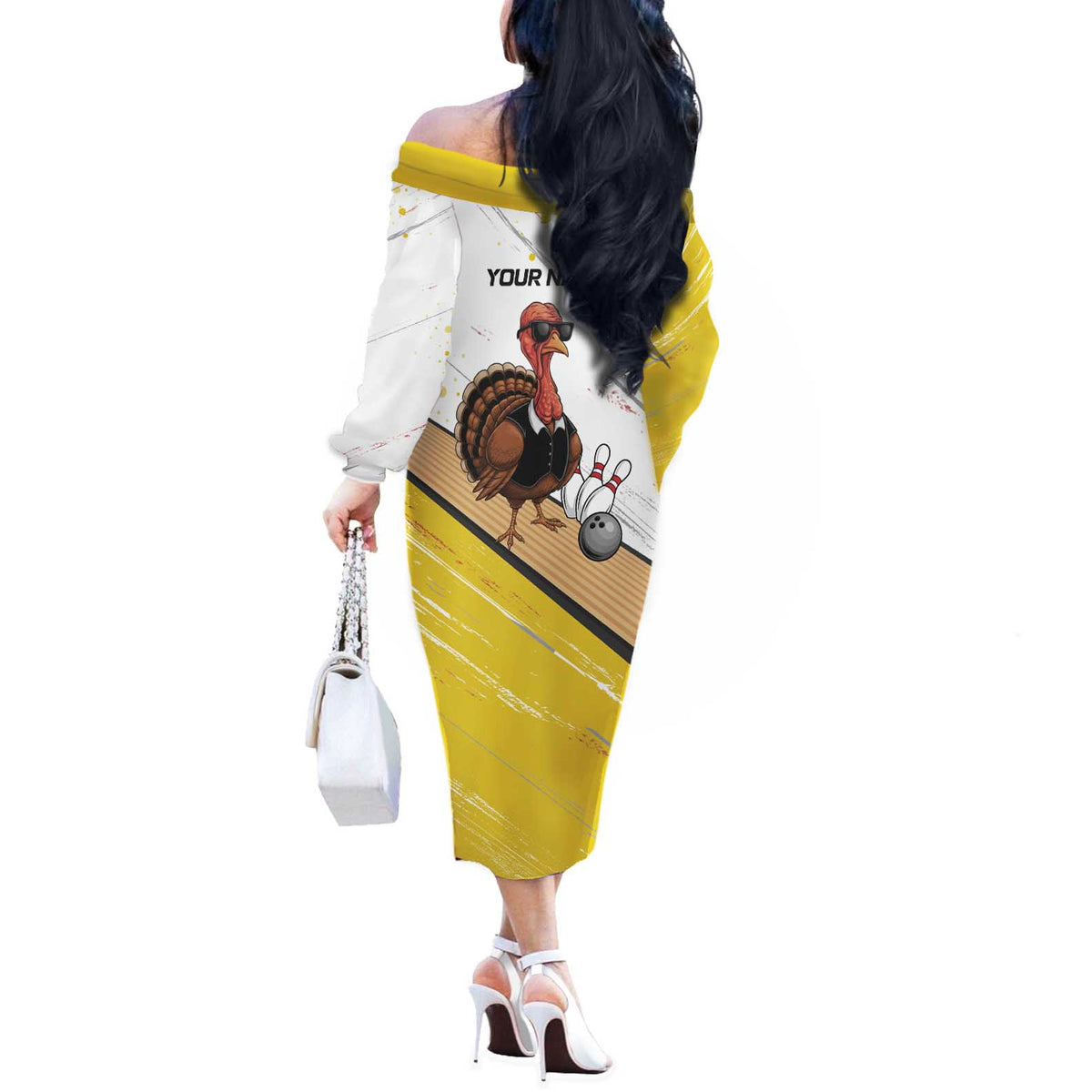 Personalized Funny Turkey Bowling Off The Shoulder Long Sleeve Dress with Cool Sunglasses Pins Yellow and White - Wonder Print Shop