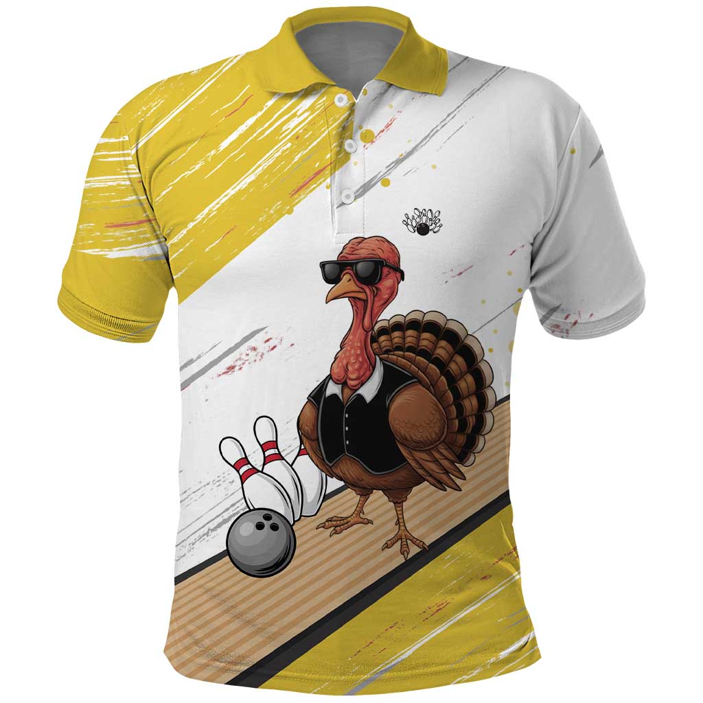 Personalized Funny Turkey Bowling Polo Shirt with Cool Sunglasses Pins Yellow and White - Wonder Print Shop