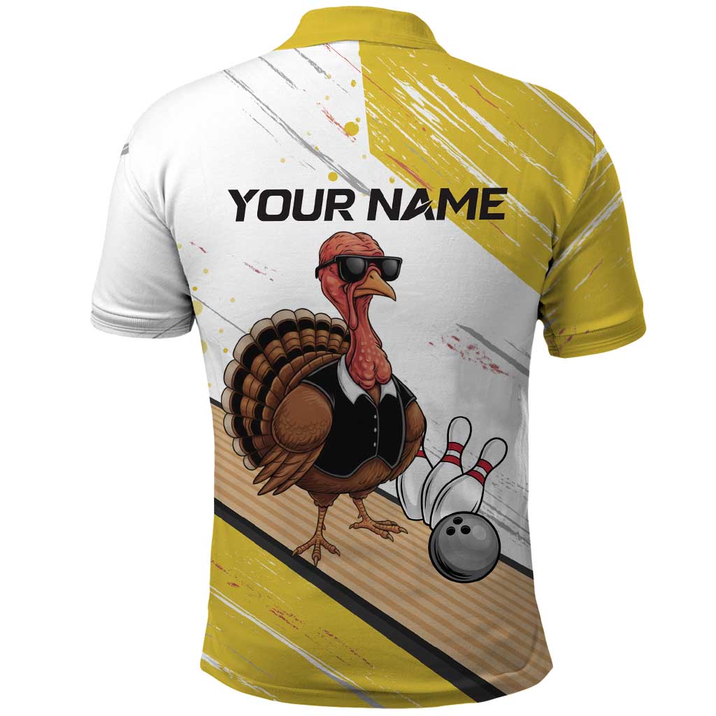 Personalized Funny Turkey Bowling Polo Shirt with Cool Sunglasses Pins Yellow and White - Wonder Print Shop