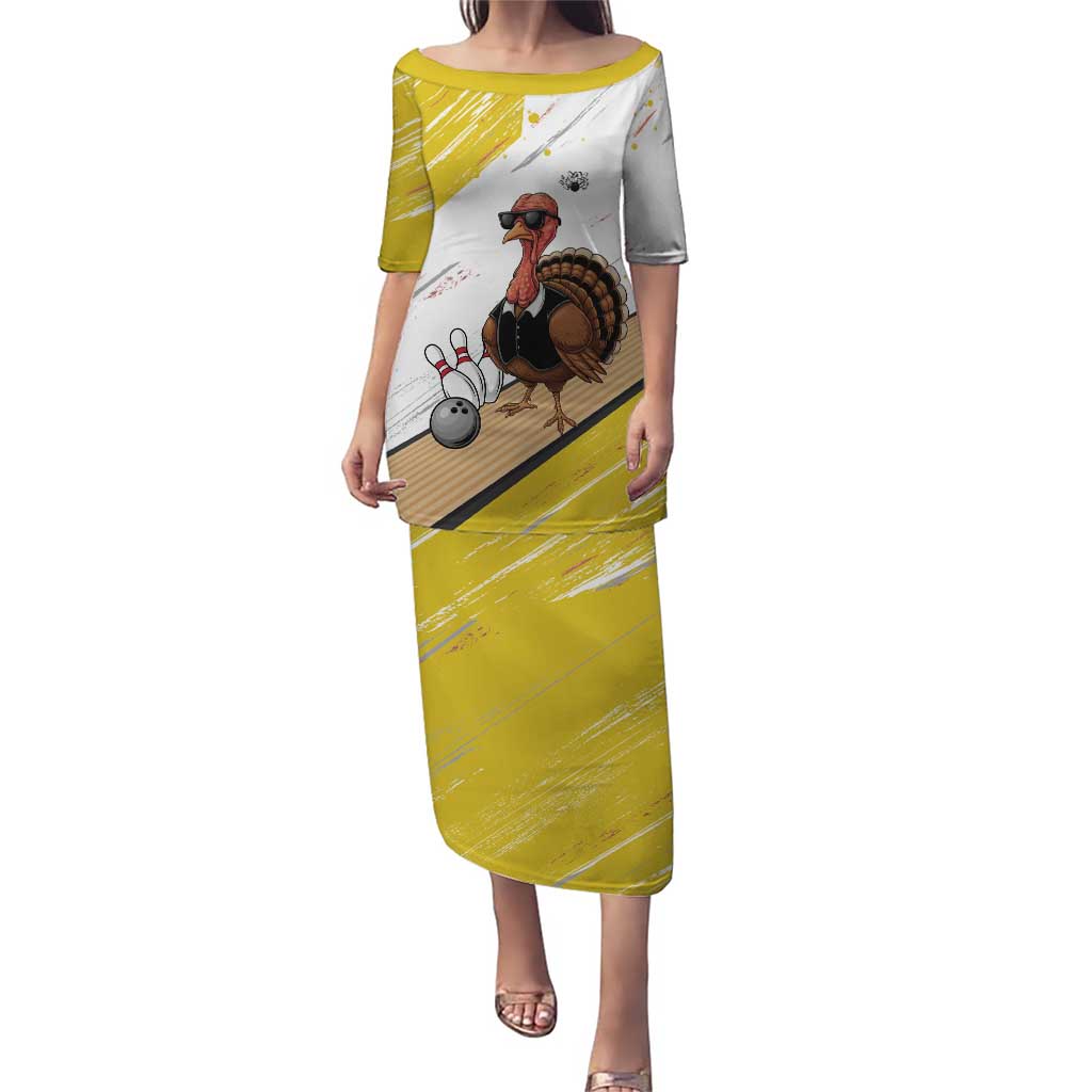 Personalized Funny Turkey Bowling Puletasi with Cool Sunglasses Pins Yellow and White - Wonder Print Shop