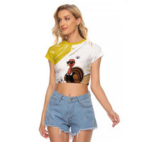 Personalized Funny Turkey Bowling Raglan Cropped T Shirt with Cool Sunglasses Pins Yellow and White - Wonder Print Shop
