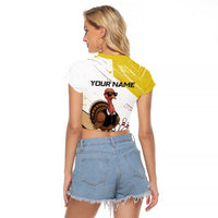 Personalized Funny Turkey Bowling Raglan Cropped T Shirt with Cool Sunglasses Pins Yellow and White - Wonder Print Shop