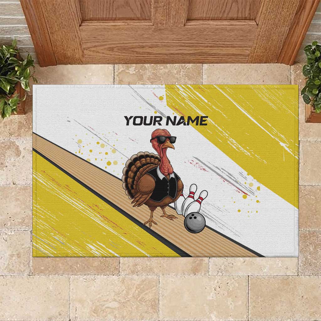Personalized Funny Turkey Bowling Rubber Doormat with Cool Sunglasses Pins Yellow and White - Wonder Print Shop