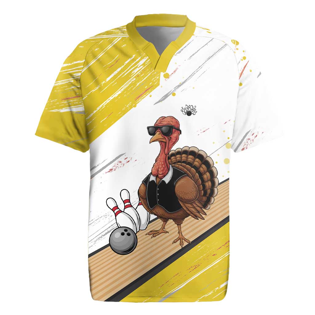 Personalized Funny Turkey Bowling Rugby Jersey with Cool Sunglasses Pins Yellow and White - Wonder Print Shop