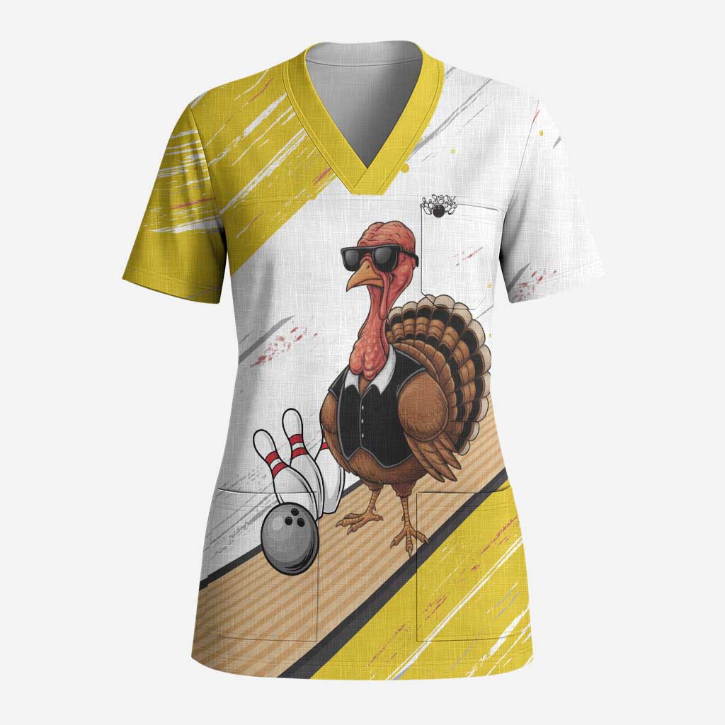 Personalized Funny Turkey Bowling Scrub Top with Cool Sunglasses Pins Yellow and White - Wonder Print Shop