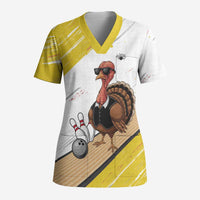 Personalized Funny Turkey Bowling Scrub Top with Cool Sunglasses Pins Yellow and White - Wonder Print Shop