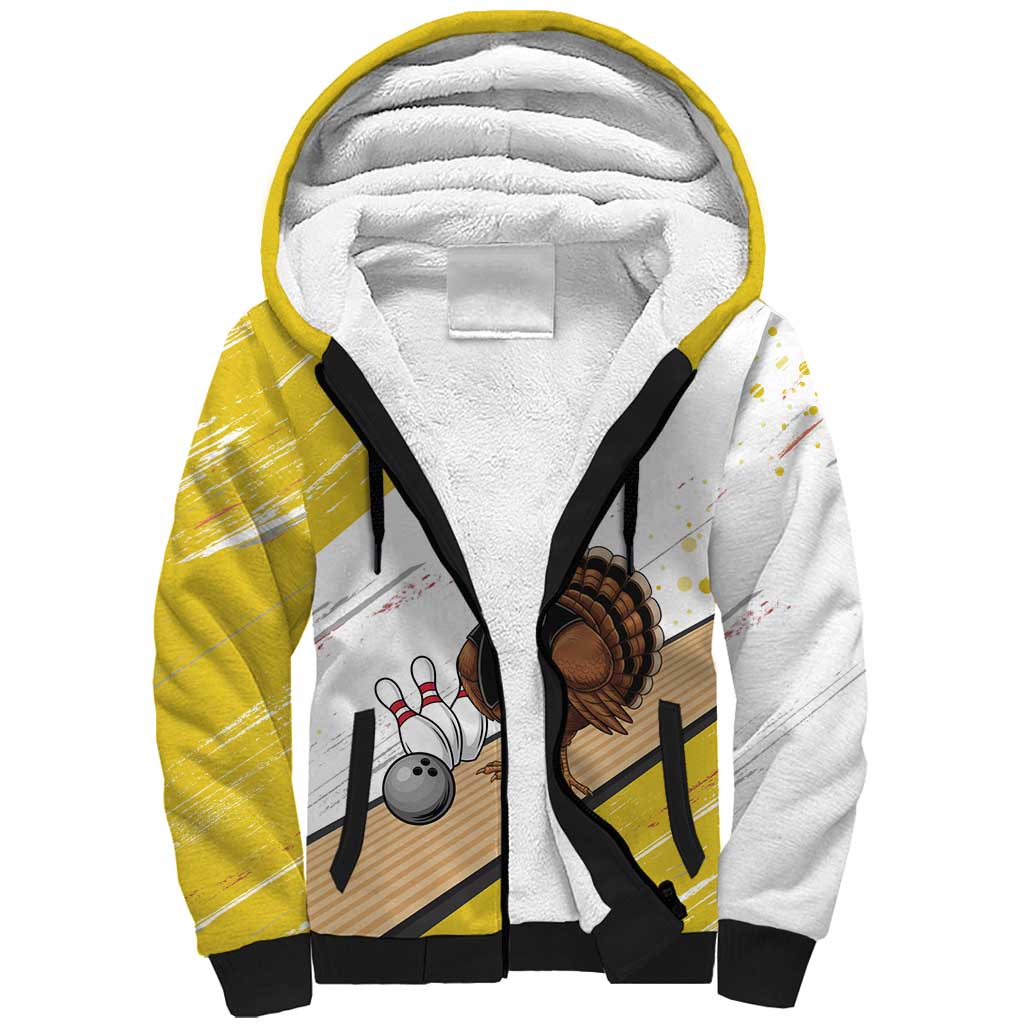 Personalized Funny Turkey Bowling Sherpa Hoodie with Cool Sunglasses Pins Yellow and White - Wonder Print Shop
