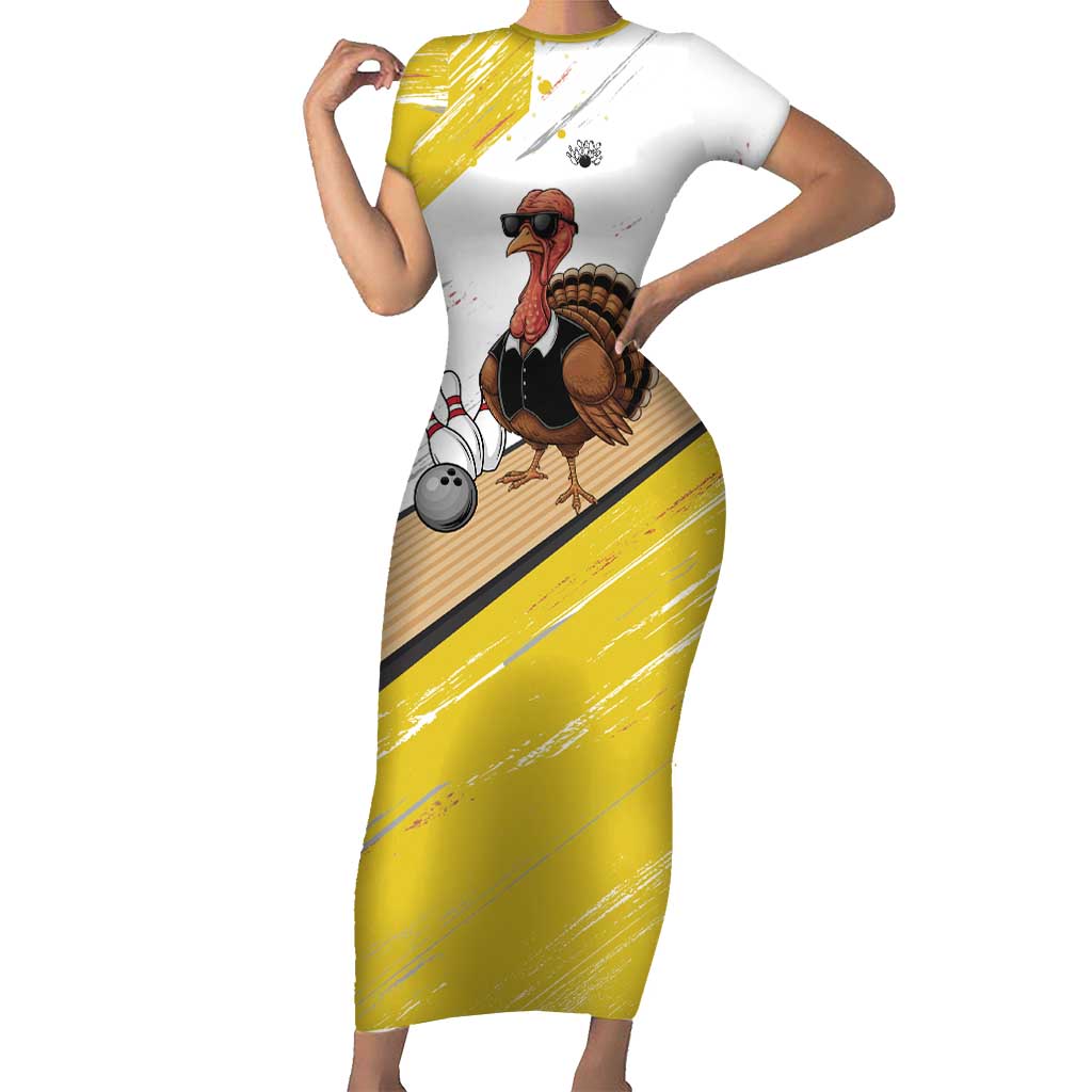 Personalized Funny Turkey Bowling Short Sleeve Bodycon Dress with Cool Sunglasses Pins Yellow and White - Wonder Print Shop