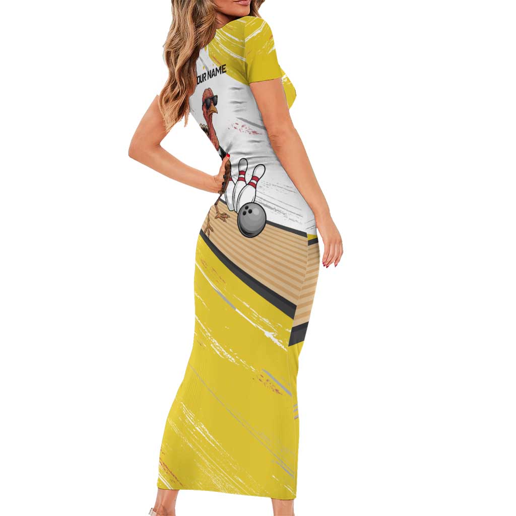 Personalized Funny Turkey Bowling Short Sleeve Bodycon Dress with Cool Sunglasses Pins Yellow and White - Wonder Print Shop