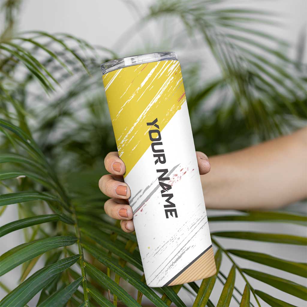 Personalized Funny Turkey Bowling Skinny Tumbler with Cool Sunglasses Pins Yellow and White - Wonder Print Shop