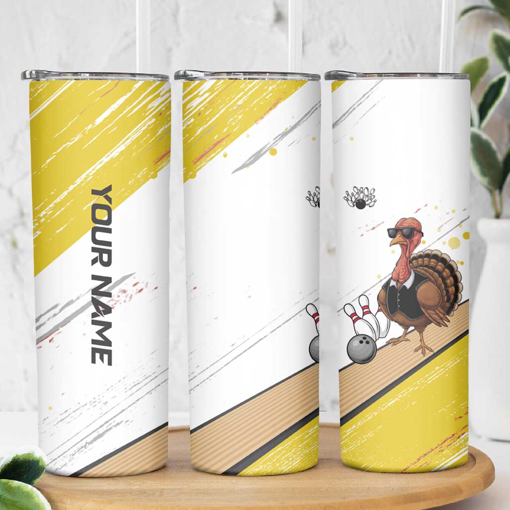 Personalized Funny Turkey Bowling Skinny Tumbler with Cool Sunglasses Pins Yellow and White - Wonder Print Shop